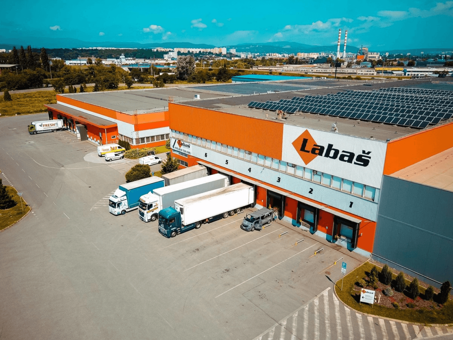 Aerial view of the Labaš logistics distribution centre with loading docks and trucks